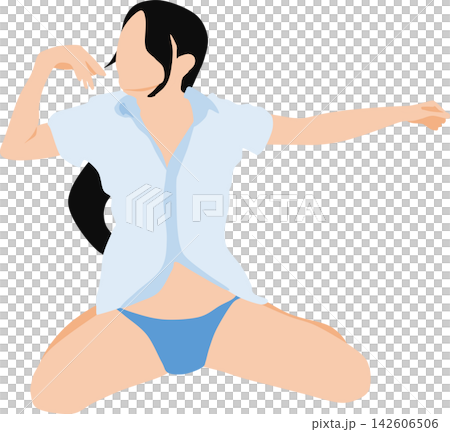 一位女性醒來伸懶腰的插圖。 142606506