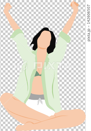 一位女性醒來伸懶腰的插圖。 一位女性醒來伸懶腰的插圖。 142606507