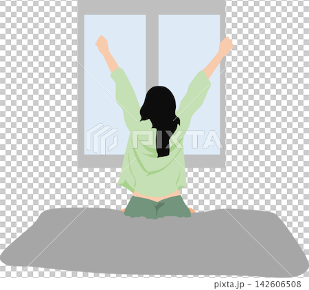 一位女性醒來伸懶腰的插圖。 一位女性醒來伸懶腰的插圖。 142606508