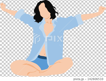 一位女性醒來伸懶腰的插圖。 一位女性醒來伸懶腰的插圖。 142606510