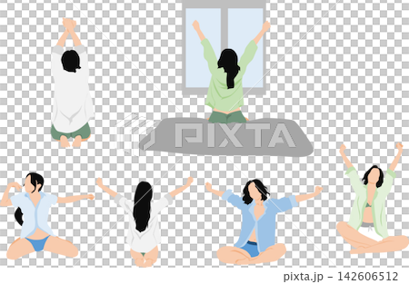 一位女性醒來伸懶腰的插圖。 一位女性醒來伸懶腰的插圖。 142606512