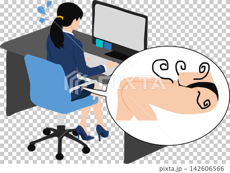 一幅插圖描繪了一位女商人因工作時內衣被汗水浸濕而感到煩惱的情景。 142606566