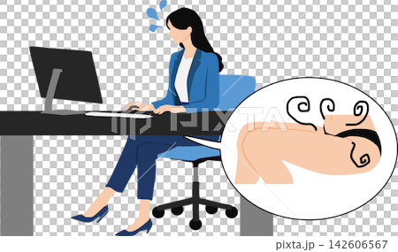 一幅插圖描繪了一位女商人因工作時內衣被汗水浸濕而感到煩惱的情景。 142606567