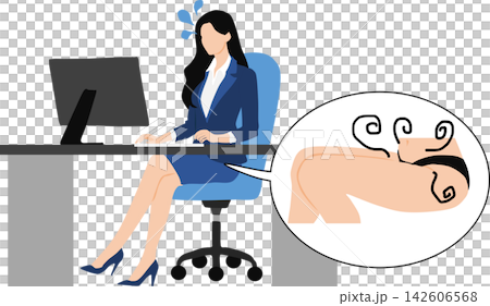 一幅插圖描繪了一位女商人因工作時內衣被汗水浸濕而感到煩惱的情景。 142606568