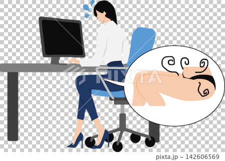 一幅插圖描繪了一位女商人因工作時內衣被汗水浸濕而感到煩惱的情景。 一幅插圖描繪了一位女商人因工作時內衣被汗水浸濕而感到煩惱的情景。 142606569