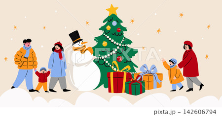 Happy family with children celebrating Christmas outdoors around a decorated fir tree, snowman, and gift boxes in snow. Vector illustration for winter holidays and New Year celebration. 142606794