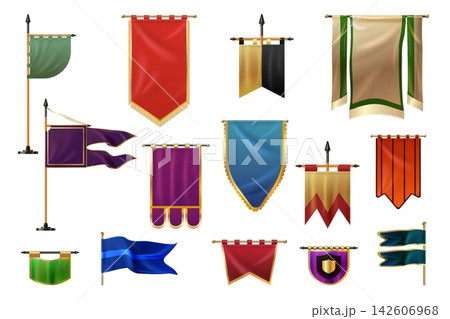 Medieval pennants. Realistic pennant, red royal flag old gold heraldic knight banner pole badge vintage pennon battle trophy 3d mockup border isolated exact vector illustration 142606968
