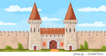 Castle wall gate. Medieval stone fortress entrance cartoon background, old brick tower ancient palace building wood door gate fort with window fantasy game neat vector illustration Castle wall gate. Medieval stone fortress entrance cartoon background, old brick tower ancient palace building wood door gate fort with window fantasy game neat vector illustration 142607013
