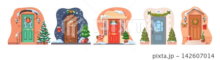 Christmas entrance doors. Home xmas decoration, decorated facade winter holiday front door porch garland lamp wreath lantern fir tree snow house building, neat vector illustration Christmas entrance doors. Home xmas decoration, decorated facade winter holiday front door porch garland lamp wreath lantern fir tree snow house building, neat vector illustration 142607014