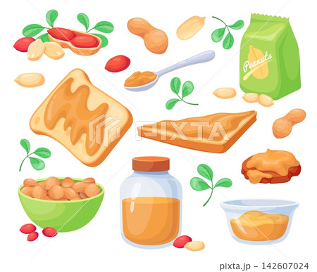 Peanut butter. Cartoon peanuts paste in glass jar, nut bowl spoon groundnut spread chocolate sandwich breakfast snack healthy natural protein food neat vector illustration 142607024
