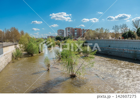 Manzanares River flowing past a stone embankment and tree-lined park in Madrid Manzanares River flowing past a stone embankment and tree-lined park in Madrid 142607275