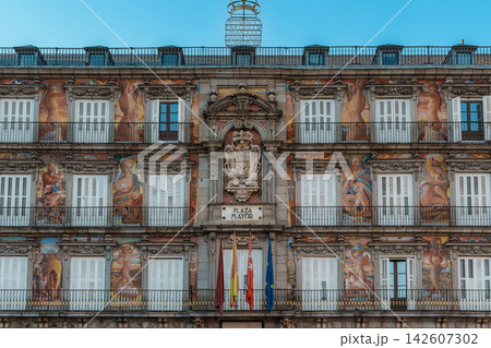 Ornately muraled facade of Casa de la Panaderia in Plaza Mayor, Madrid Ornately muraled facade of Casa de la Panaderia in Plaza Mayor, Madrid 142607302