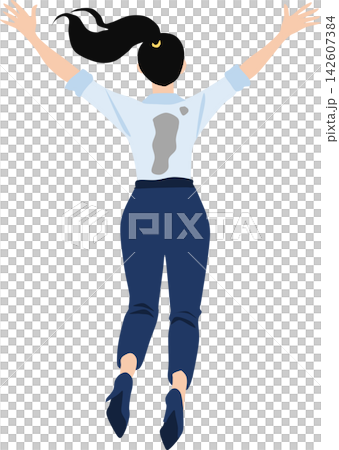 一幅描繪一位背上滿是汗水的女商人的插圖。 一幅描繪一位背上滿是汗水的女商人的插圖。 142607384