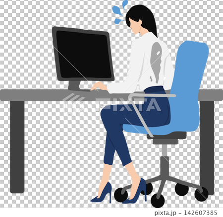 一幅描繪一位背上滿是汗水的女商人的插圖。 142607385