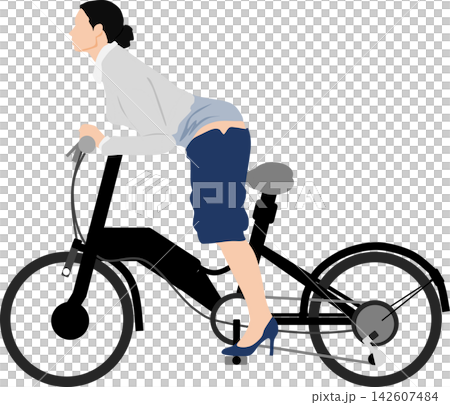 一幅插畫描繪了一位女商人騎自行車時裙子脫落的情景。 142607484