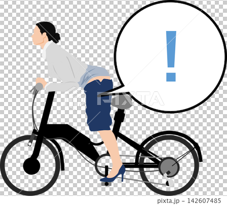 一幅插畫描繪了一位女商人騎自行車時裙子脫落的情景。 一幅插畫描繪了一位女商人騎自行車時裙子脫落的情景。 142607485