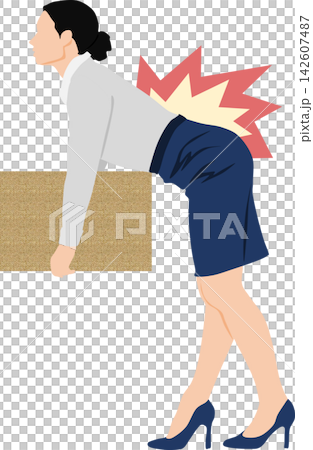 一幅插圖,描繪了一位女商人因搬運重物而扭傷腰背的情景。 一幅插圖,描繪了一位女商人因搬運重物而扭傷腰背的情景。 142607487