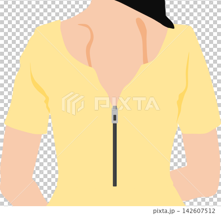 一幅插圖，描繪了一位女士背後的拉鍊拉不上去。 142607512