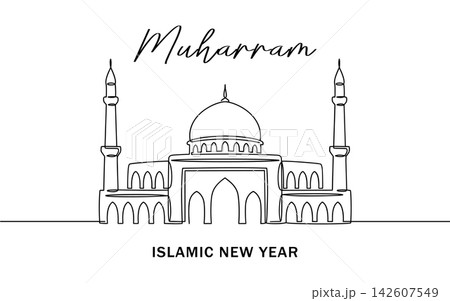 Continuous line drawing of a mosque for muharram and islamic new year isolated on white background Continuous line drawing of a mosque for muharram and islamic new year isolated on white background 142607549