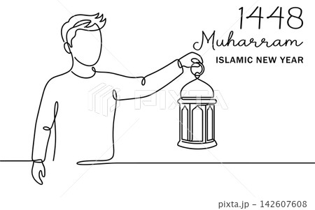 Continuous line drawing of a man holding a traditional lantern for islamic new year 1448 muharram celebration isolated on white background Continuous line drawing of a man holding a traditional lantern for islamic new year 1448 muharram celebration isolated on white background 142607608