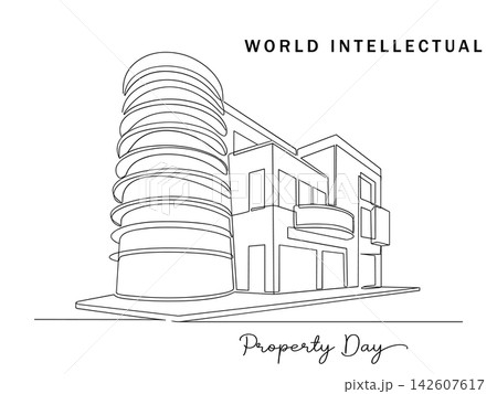Continuous line drawing of a modern office building, representing world intellectual property day, isolated on white background 142607617
