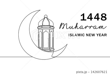 Continuous line drawing of a lantern and crescent moon for 1448 muharram islamic new year, isolated on white background Continuous line drawing of a lantern and crescent moon for 1448 muharram islamic new year, isolated on white background 142607621