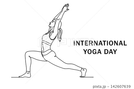 Continuous line drawing of a woman performing a yoga pose, stretching with arms raised, international yoga day, isolated on white background 142607639