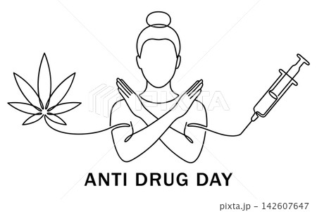 Continuous line drawing of a person crossing arms to reject drugs, anti drug day, isolated on white background Continuous line drawing of a person crossing arms to reject drugs, anti drug day, isolated on white background 142607647