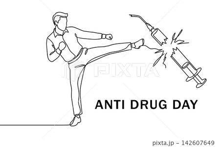 Continuous line drawing of a man kicking a syringe to break it, symbolizing the fight against drug abuse, isolated on white background Continuous line drawing of a man kicking a syringe to break it, symbolizing the fight against drug abuse, isolated on white background 142607649