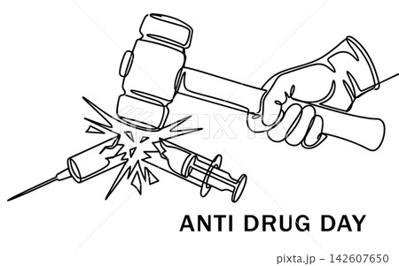 Continuous line drawing of a hand holding a hammer breaking a syringe, symbolizing the fight against drug abuse, isolated on white background 142607650