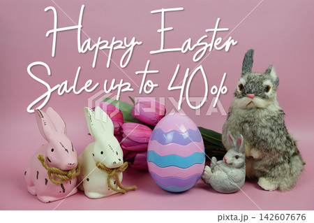 Easter Sale 40% promotion with Easter egg, rabbit and tulip flowers decorations concept on pink background Easter Sale 40% promotion with Easter egg, rabbit and tulip flowers decorations concept on pink background 142607676