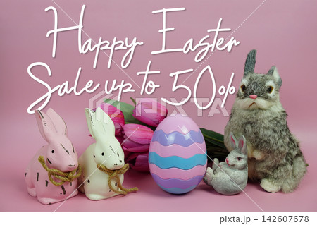 Easter Sale 50% promotion with Easter egg, rabbit and tulip flowers decorations concept on pink background Easter Sale 50% promotion with Easter egg, rabbit and tulip flowers decorations concept on pink background 142607678