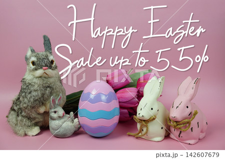 Easter Sale 55% promotion with Easter egg, rabbit and tulip flowers decorations concept on pink background Easter Sale 55% promotion with Easter egg, rabbit and tulip flowers decorations concept on pink background 142607679