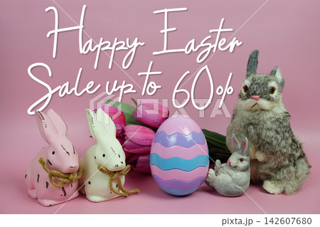 Easter Sale 60% promotion with Easter egg, rabbit and tulip flowers decorations concept on pink background 142607680