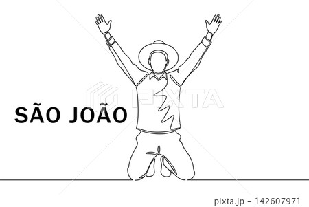 Continuous line drawing of a man dancing in a traditional brazilian folk festival outfit isolated on white background Continuous line drawing of a man dancing in a traditional brazilian folk festival outfit isolated on white background 142607971