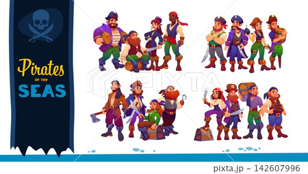 Cartoon pirate ship crew characters. Quartermaster and helmsman, deckhand and cabin boy, captain and skipper, gunner and boatswain sailors. Happy woman and man pirate characters with treasure set Cartoon pirate ship crew characters. Quartermaster and helmsman, deckhand and cabin boy, captain and skipper, gunner and boatswain sailors. Happy woman and man pirate characters with treasure set 142607996