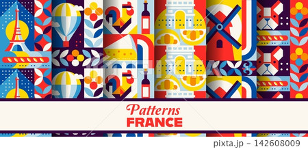 France travel seamless pattern with geometric ornament background. Vector vintage modern Paris culture tile with Eiffel Tower, Arc de Triomphe and windmill, hot air balloon, wine bottle and croissant 142608009