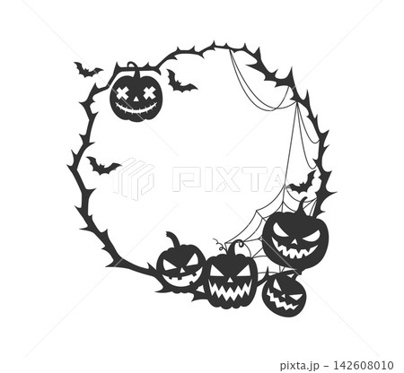 Halloween black silhouette frame with carved pumpkins, bats, thorny branches and spider webs. Scary seasonal border with empty white center for Halloween invitations, party posters and greeting cards Halloween black silhouette frame with carved pumpkins, bats, thorny branches and spider webs. Scary seasonal border with empty white center for Halloween invitations, party posters and greeting cards 142608010