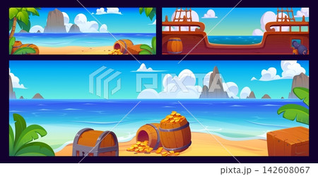 Cartoon caribbean island and sail ship landscape. Summer caribbean sea beach with pirate treasure chest and barrels, palms and mountains, corsair boat deck with cannon and ropes cartoon landscapes 142608067