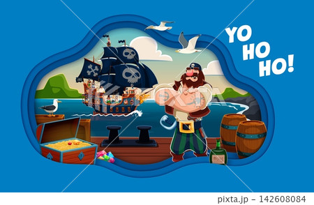 Cartoon pirate captain characters and corsair sail ship paper cut banner. Angry bearded man pirate captain character standing on treasure island wooden pier with chest of gold, rum bottle and barrels 142608084