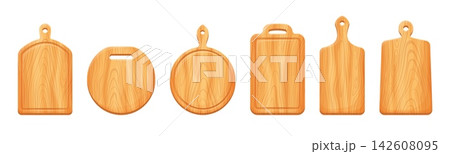 Cartoon wooden kitchen chopping board or cutting board utensil of wood blocks. Chopping board icons for cooking and food preparation, cutting boards with tree texture in different shapes with handles Cartoon wooden kitchen chopping board or cutting board utensil of wood blocks. Chopping board icons for cooking and food preparation, cutting boards with tree texture in different shapes with handles 142608095