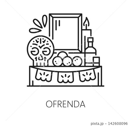 Ofrenda altar icon for Mexican Day of the Dead or Dia De Los Muertos holiday symbol. Ofrenda altar with calavera sugar skull, candles and papel picado decoration for Mexican Day of the Dead tradition Ofrenda altar icon for Mexican Day of the Dead or Dia De Los Muertos holiday symbol. Ofrenda altar with calavera sugar skull, candles and papel picado decoration for Mexican Day of the Dead tradition 142608096