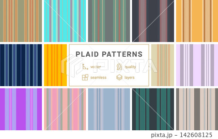 Plaid pack tailored for mens jackets and blazers. Coordinated tartan designs elevate outerwear collections. Vector scalability supports production. 142608125