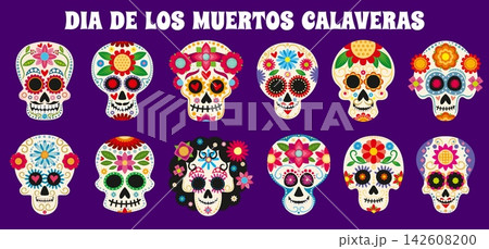 Mexican calavera sugar skulls Day of the Dead festival skeletons. Dia de los Muertos holiday skulls set of traditional mariachi and Catrina calaca heads for celebration. Mexico Halloween craniums arts Mexican calavera sugar skulls Day of the Dead festival skeletons. Dia de los Muertos holiday skulls set of traditional mariachi and Catrina calaca heads for celebration. Mexico Halloween craniums arts 142608200