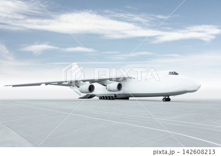 Unloading white big heavy freight aircraft. The rear cargo compartment is open Unloading white big heavy freight aircraft. The rear cargo compartment is open 142608213
