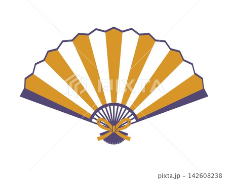 Asian Japanese folding fan design element, oriental ornament with gold and white decorative panels and bow. Vector traditional Japan symbol for festival, ceremony, celebration, dance and festive decor 142608238