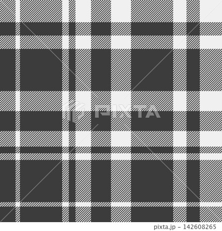Fashioned fabric check seamless, front vector plaid background. Tidy tartan textile texture pattern in grey and white colors. Fashioned fabric check seamless, front vector plaid background. Tidy tartan textile texture pattern in grey and white colors. 142608265