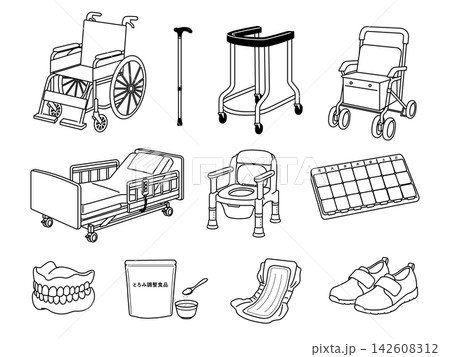 介護用品・福祉用具の線画イラストセット 介護用品・福祉用具の線画イラストセット 142608312