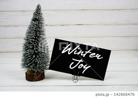 Winter Joy text written on paper card with snowy tree on wooden background Winter Joy text written on paper card with snowy tree on wooden background 142608470
