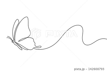 Continuous one line drawing of a flying butterfly, isolated on white background Continuous one line drawing of a flying butterfly, isolated on white background 142608793